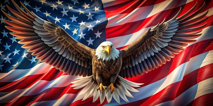 Vibrant graphic featuring a majestic eagle with outstretched wings and a heart at its center, surrounded by a waving national flag with bold red, white, and blue colors.