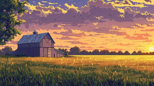 A spectacular capture of the golden hour light illuminating a rustic barn and expansive fields, with a dramatic sky adding to the picturesque countryside setting.