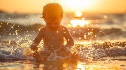 Obraz premium A young child joyfully splashing in the ocean waves as the sun sets, with golden light and water droplets creating a magical atmosphere.
