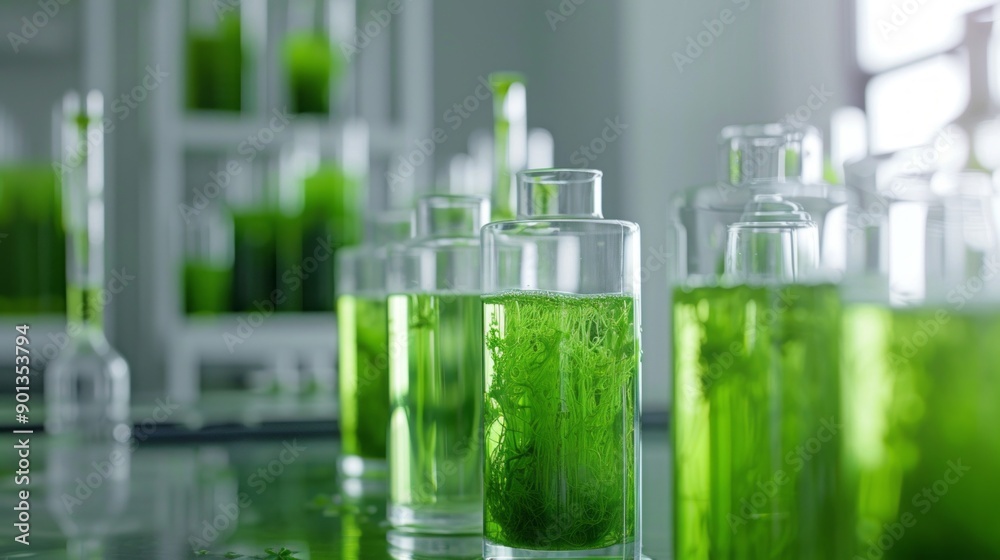 Poster A row of green bottles with clear liquid inside