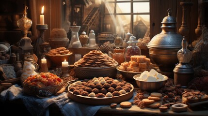 Fototapeta premium A Feast of Delights: A Rustic Table Overflowing with Sweets and Treats