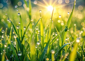 Freshly watered lush green grass blades sparkle with tiny droplets of dew, illuminating the serene and peaceful atmosphere of a sunny meadow landscape.