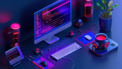 A modern workstation featuring vibrant lighting, a computer setup, and stylish accessories for a productive workspace.