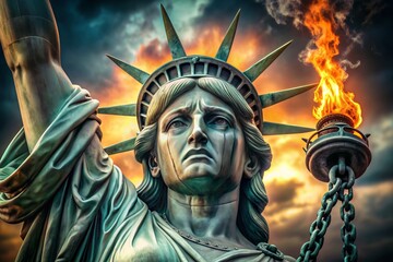 A sorrowful lady liberty figure with a crying face, torch down, and broken chains at her feet, symbolizing freedom and democracy in distress.