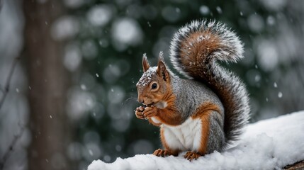 Snowy Squirrel, Winter Forest, Wildlife Photography, Nature Scene, Snowfall, Cute Animal, Woodland Creature, Seasonal Image, Winter Wonderland