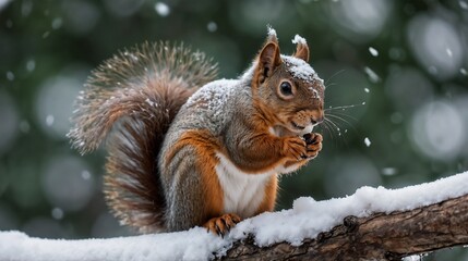 Obraz premium Snowy Squirrel, Winter Forest, Wildlife Photography, Nature Scene, Snowfall, Cute Animal, Woodland Creature, Seasonal Image, Winter Wonderland