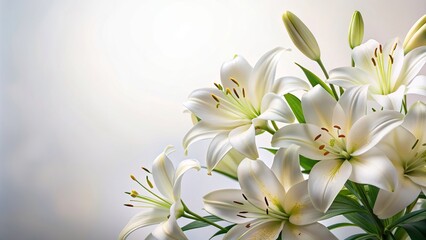 Obraz premium Delicate white pastel lilies arranged in a beautiful composition on a pristine white background, providing ample copy space for text or design elements.