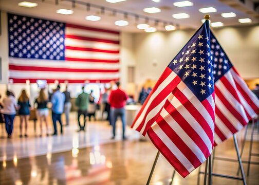 American flag waving in the foreground with a blurred background of ballot boxes, voting booths, and patriotic decorations in a crowded polling station.
