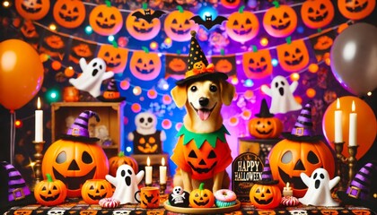 Naklejka premium Dog in Pumpkin Costume with Halloween Decorations.