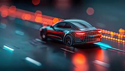 A sleek model car in a futuristic digital setting, showcasing vibrant lights and motion on a dark road.