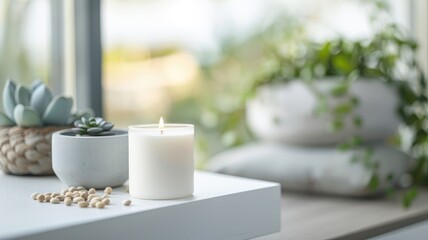 A white podium with a miniature zen garden showcases aromatherapy candles.