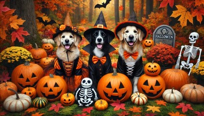 Three adorable dogs dressed in Halloween costumes surrounded by pumpkins, skeletons, and autumn leaves in a festive forest setting.