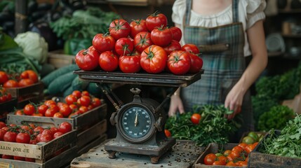 A woman weighing a bunch of ripe tomatoes on an old-fashioned scale at a farmers' market, surrounded by crates of assorted vegetables
