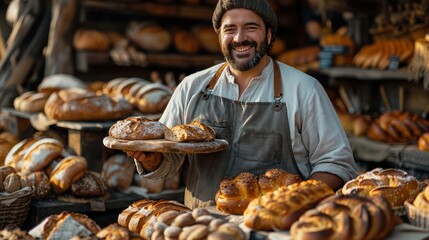 A vendor offering a slice of freshly baked bread to a customer at a farmers' market stall, with loaves of bread and pastries displayed