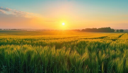 Golden Sunset Over a Field of Wheat at Dusk