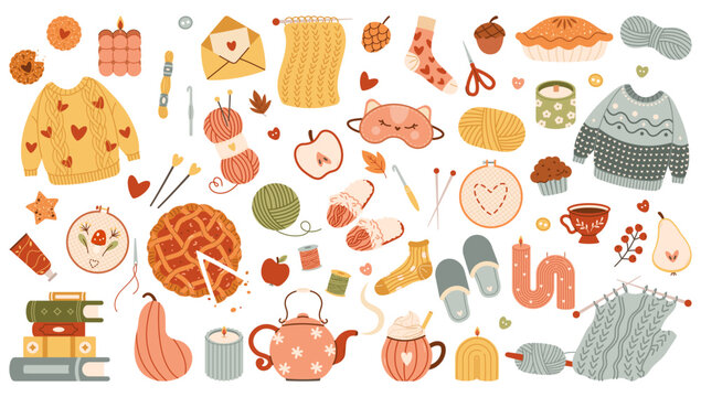 Autumn set of cute and cozy design elements. Fall mood. Hygge style, hand drawn vector, scandinavian doodle sketchy elements. Autumn plants, food, Fall, Thanksgiving Day, Autumn season. Vector flat