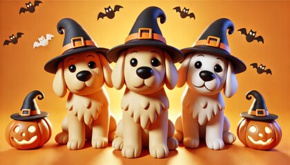 Obraz premium Three Cute Puppies in Witch Hats Celebrating Halloween.