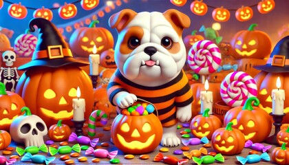 Fototapeta premium 3D Cartoon Dog in Halloween Costume with Festive Decor.