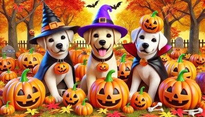 Fototapeta premium Adorable Puppies in Halloween Costumes with Pumpkins.