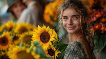 Naklejka premium Young woman with a bouquet of sunflowers at the flower market