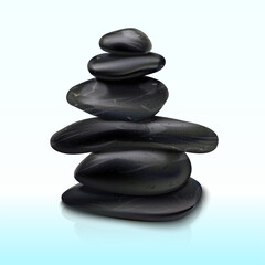 Realistic zen stones. Pebbles pile tower balance, tranquility wellbeing nature serenity meditation concept spa massage smooth stone stack meditative rocks exact vector illustration