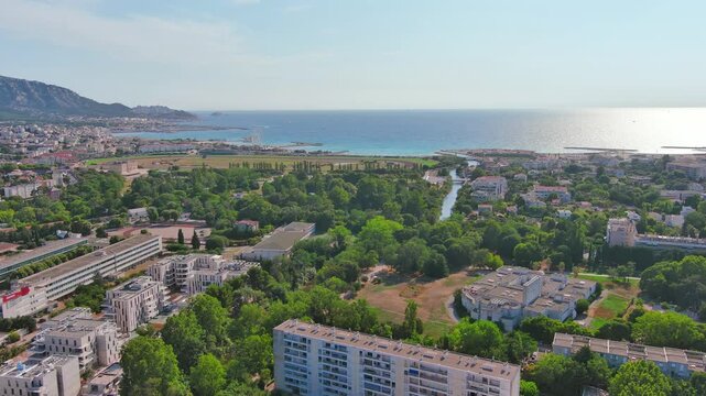 Marseille, France: Aerial view of famous French city by Mediterranean Sea, Borely Park (Parc Bor&eacute;ly), summer day with clear blue sky - landscape panorama of Europe from above
