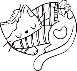 Groovy retro autumn sleeping cat hippie cartoon coloring outline doodle playful and vibrant fall season illustration.