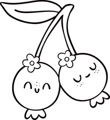 Groovy retro autumn cherries hippie cartoon coloring outline doodle playful and vibrant fall season illustration.