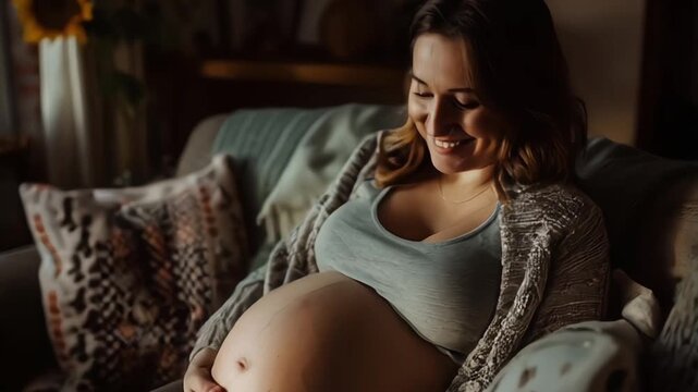 Young pregnant woman sitting on couch in living room