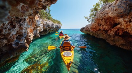 Two kayakers are paddling through the clear, scenic waters of a coastal cave, with vibrant blue water and rocky formations creating a picturesque outdoor adventure setting.