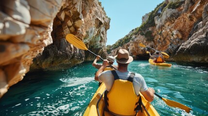 A group of kayakers paddles through a narrow, canyon-like water passage with steep, rocky walls on either side, enjoying a thrilling and scenic outdoor experience.