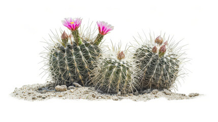 A desert cactus with a vibrant pink flower isolated on a white background. The image highlights the natural beauty of the cactus and its bloom, creating a striking contrast against the clean, white