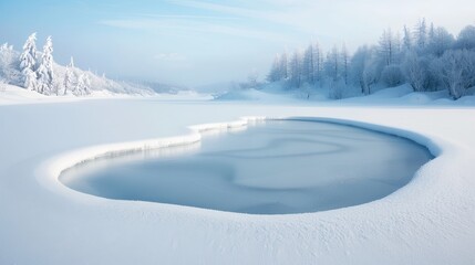 A serene winter landscape featuring a frozen pond surrounded by snow-covered trees, evoking tranquility and cold beauty.
