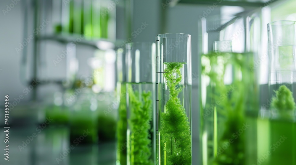 Poster a row of green plants are in glass vials on a lab table