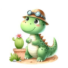 Fototapeta premium Isolated watercolor illustration of cute dinosaur character for children. 
