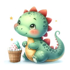 Isolated watercolor illustration of cute dinosaur character for children. 