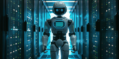 Fototapeta premium An artificial intelligence robot stands in the server room, symbolizing the large consumption of computing power by artificial intelligence.