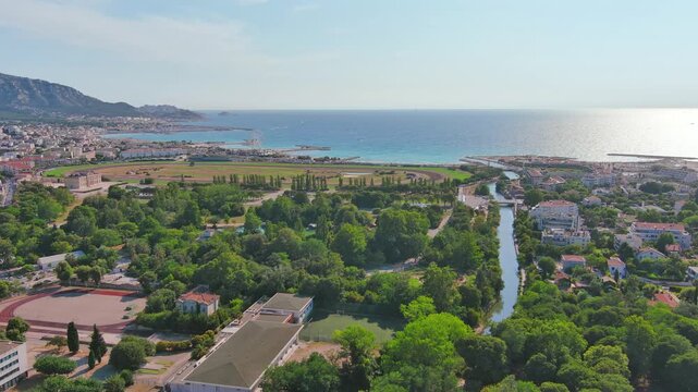 Marseille, France: Aerial view of famous French city by Mediterranean Sea, Borely Park (Parc Bor&eacute;ly), summer day with clear blue sky - landscape panorama of Europe from above
