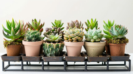 Fototapeta premium A variety of cactus and echeveria succulent flowering plants are neatly arranged in an indoor houseplant pot set on a steel rack holder. The collection sits on a table against a white background, high