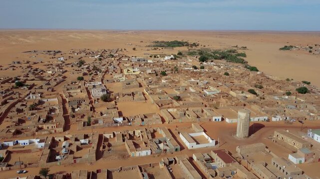 Chinguetti city, Sahara desert, Mauritania. Drone Shot