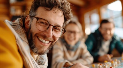 Fototapeta premium This indoor scene showcases people enjoying a board game, bringing out the cozy, joyful, and engaging family indoor activity in a warmly lit, wooden room for winter fun.