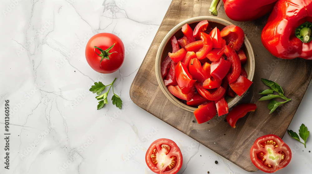 Wall mural Capsicum pieces filled in bowl placed on chopping board