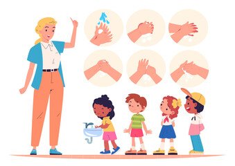 Kids washing hands. Teacher teaching children wash hand with soap in school faucet sink bathroom, hygiene handwash education cartoon boy and girl child, classy vector illustration