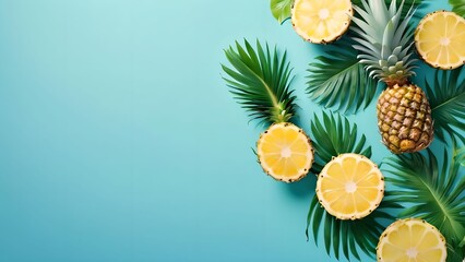 Banner, empty space, place for text in the middle. Pineapple and lemon with green tropical exotic palm leaf or leaves on blue background, illustration. Summer nature wallpaper print, Hawaii