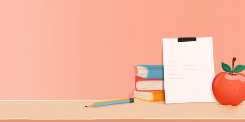  Educational Essentials with Apple and Books, Back-to-School Setup with Clipboard and Pencils