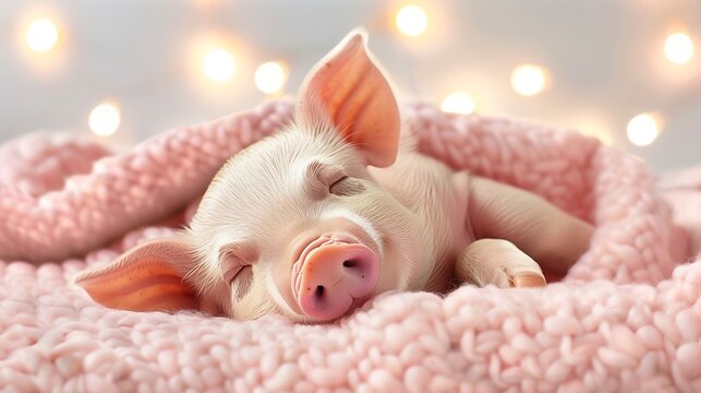 An adorable piglet sleeps peacefully wrapped in a soft pink blanket with a bokeh background of warm lights.