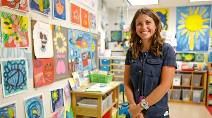 A female teacher, her classroom decorated with colorful student artwork, creates a welcoming and stimulating learning environment, where creativity flourishes