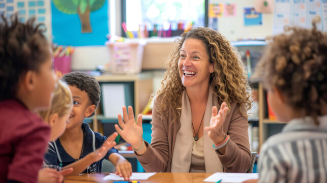 A female teacher, her classroom a symphony of organized chaos, skillfully manages a classroom full of energetic students, her calm demeanor creating a sense of order