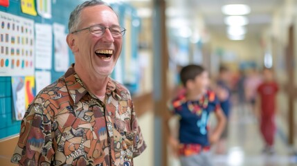 Obraz premium A male teacher, his booming laughter echoing through the hallways, brightens the day of every student he encounters, making school a place where children feel seen and valued