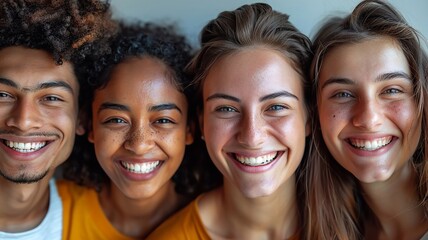 Fototapeta premium Smiling faces of happy people on simple bright background World Smile Day